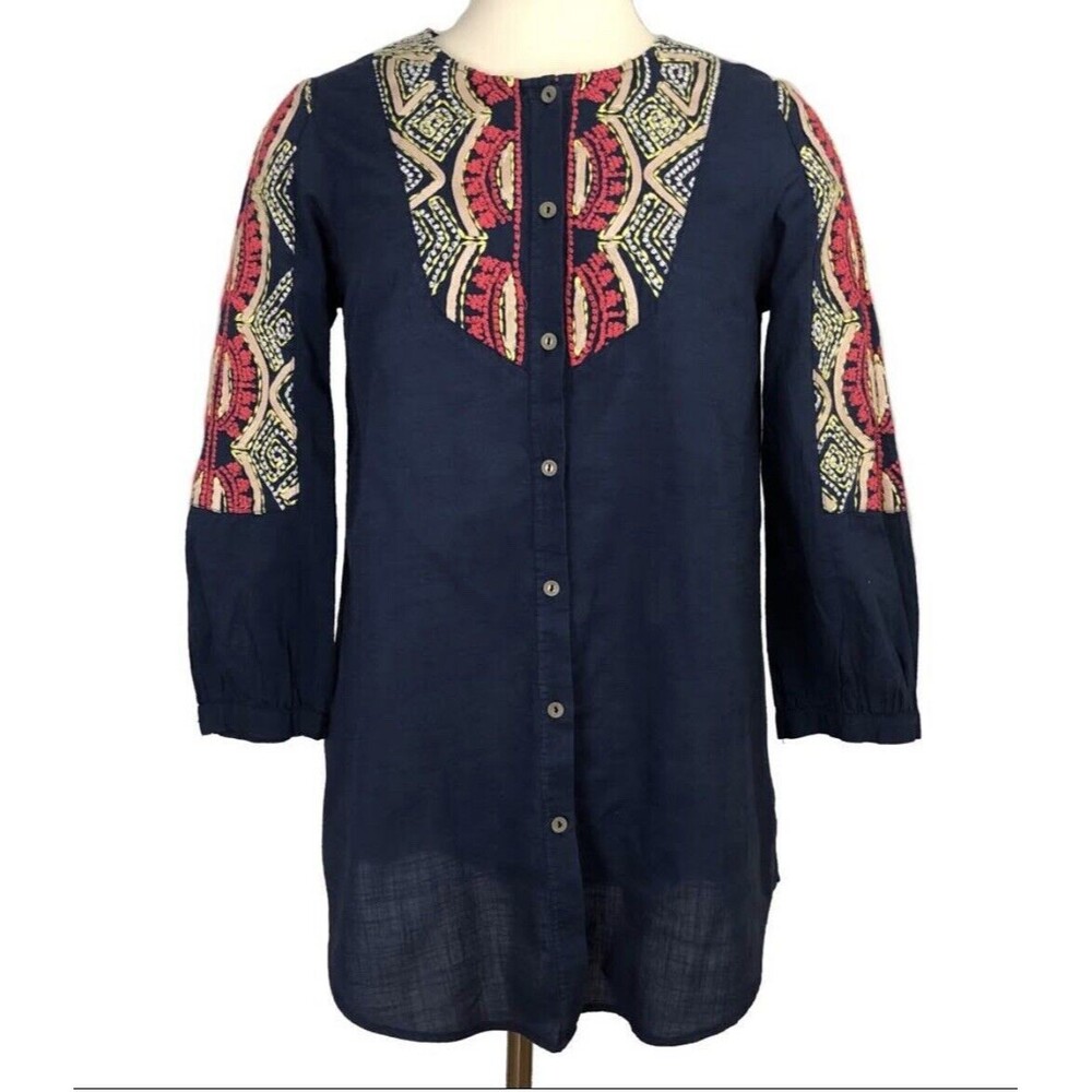Anthropologie Hei Hei‎ Embroidered Button Down Blouse 0 Tunic Blue Red